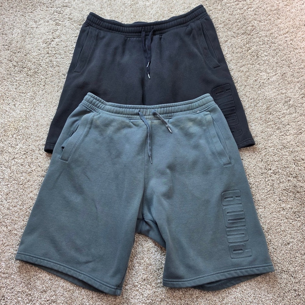 Puma Sweat Shorts Mens Size Large 2 Pack Black Grey Fleece Embossed Logo Adult